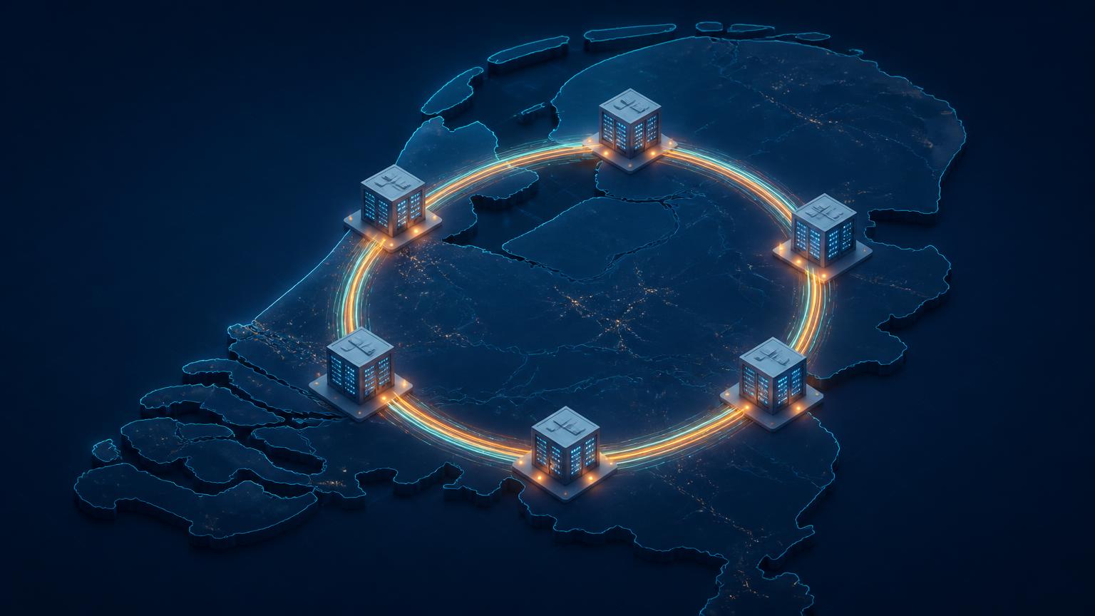 Illustratie van de darkfiber-ring die de datacenters van VDP Automation in Nederland verbindt